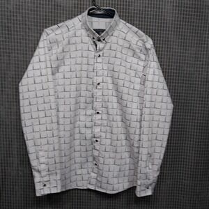 Bounty Mens Button Down Shirt Geometric Grid Double Collar XL White Navy